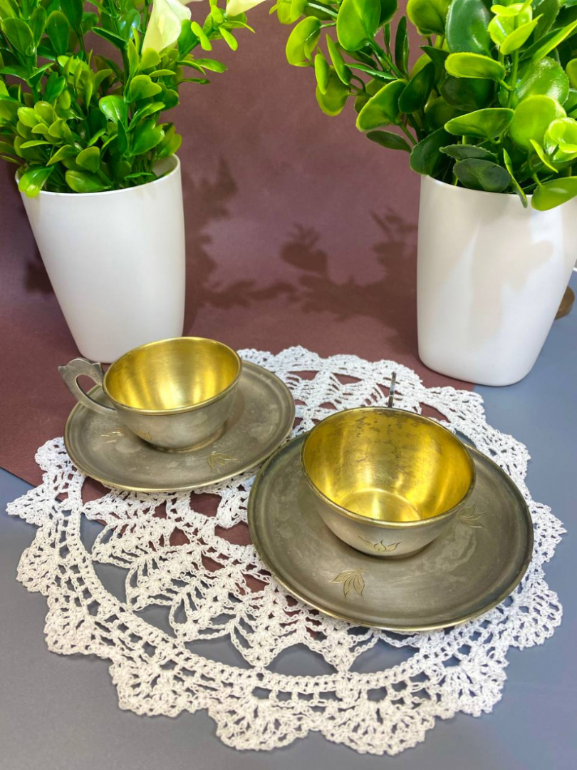 Кофейная пара "Листочки" Мстерского ЮЗ, мнц с серебрением, винтаж, СССР. Цена за 1пару. Картинка 1